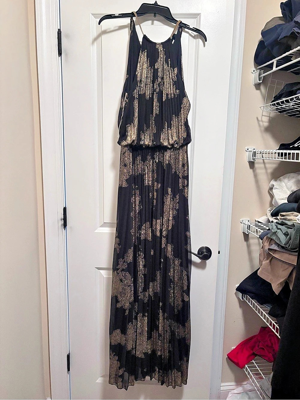 MSK Metallic-Print Pleated Blouson Gown Black & Gold Size 12